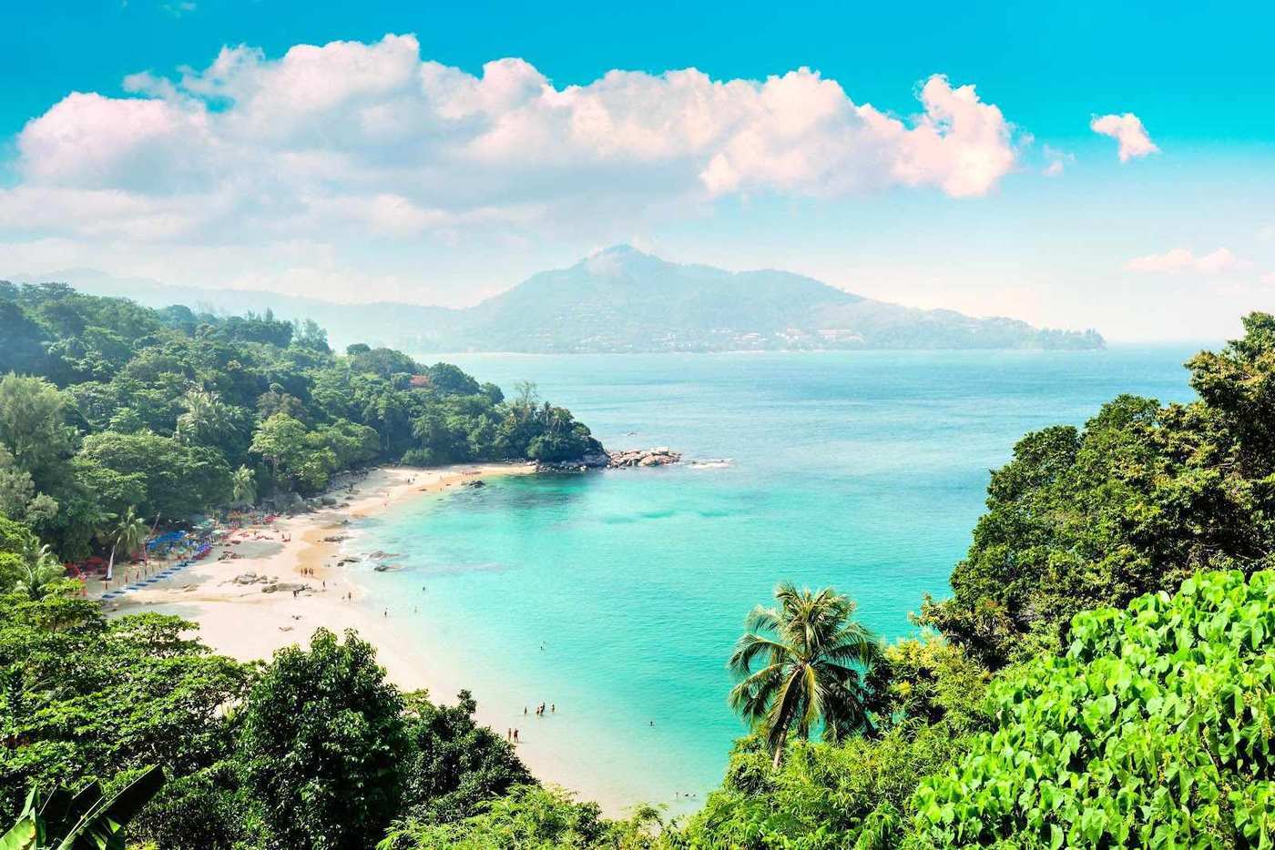 Kamala Beach Phuket quiet bay with green hills and clear water